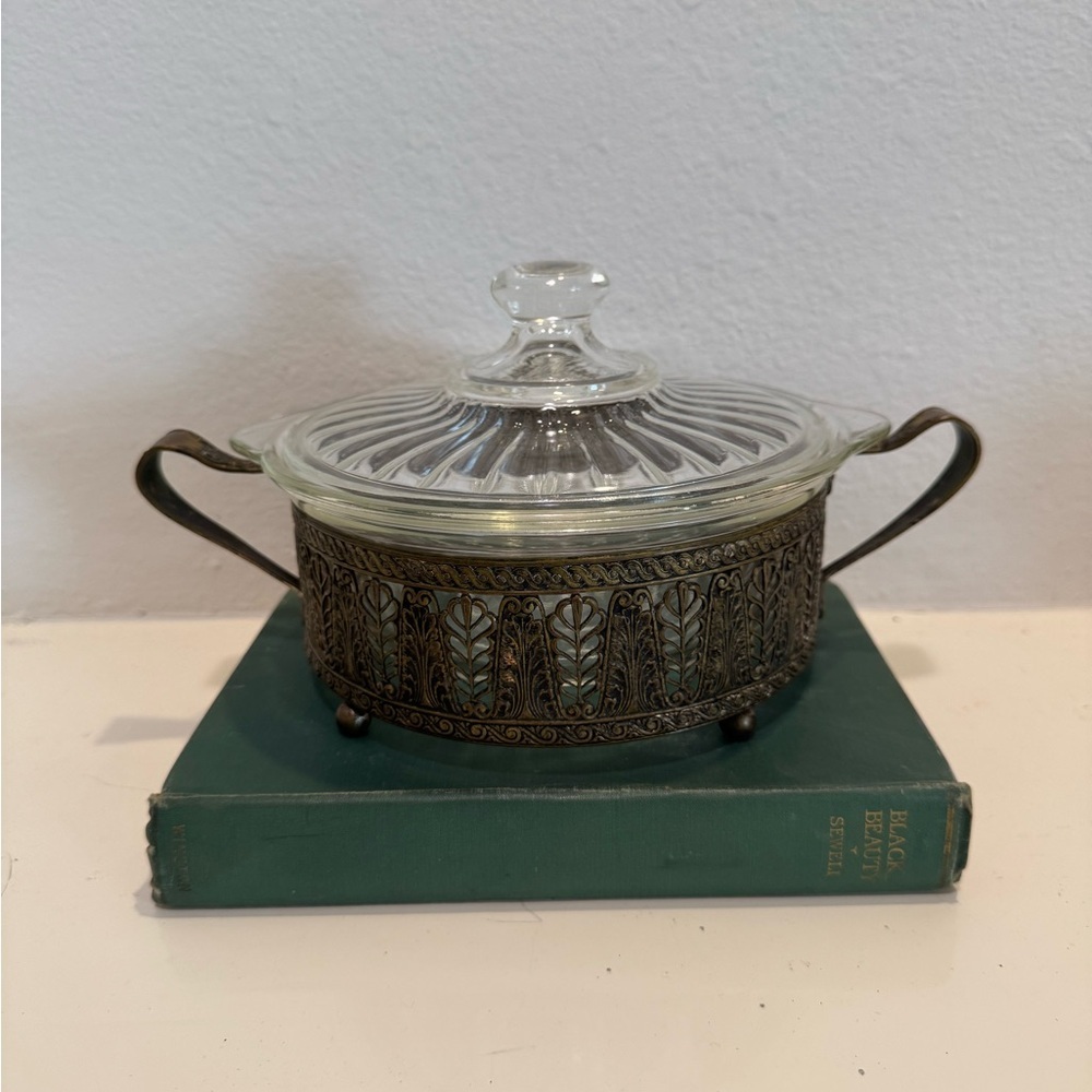Vintage Glasbake 1Qt Casserole Dish with Lid in Art Deco Metal Holder